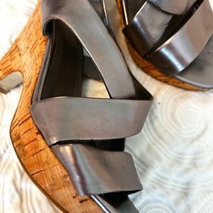 Strappy Pewter Leather Sandal with Cork Wedge